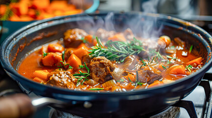 Tasty beef stew with steam on a frying pan ready to be served for family dinner