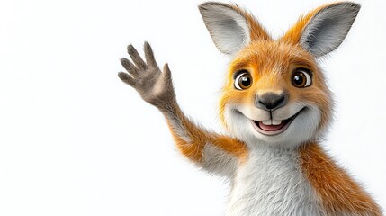 Obraz premium A joyful cartoon kangaroo with a big smile on its face is happily waving one arm in the air, showcasing its adorable and playful nature