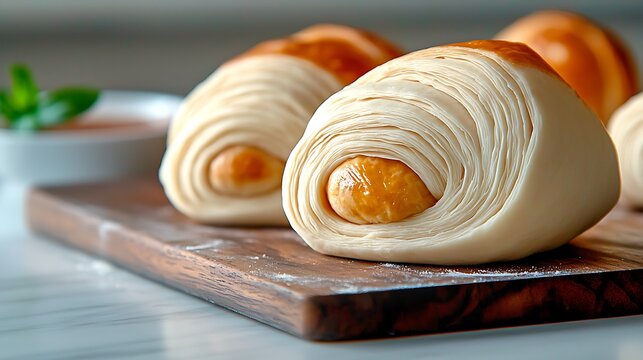 A close up view of unbaked croissant dough on a wooden board reveals the meticulous craftsmanship involved in creating the perfect pastry