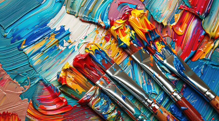 Fototapeta premium Colorful paint brushes for the oil painting artwork. Concept of creativity and talent
