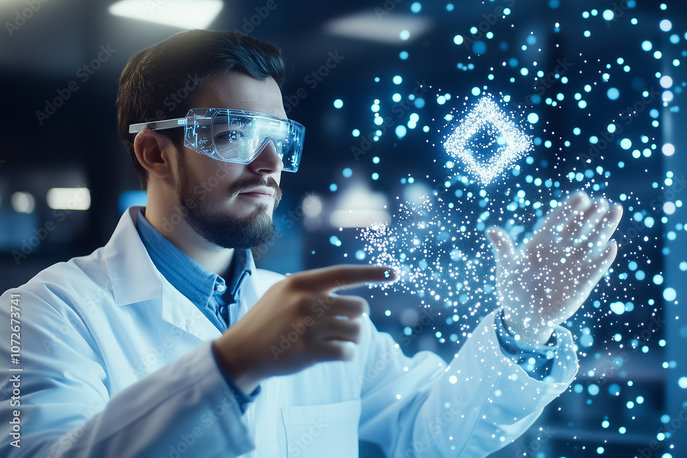 Poster a scientist in a lab engages with augmented reality, visualizing data on a digital interface for res