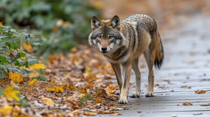 Fototapeta premium A wolf is walking on a sidewalk in autumn. The leaves on the ground are yellow and brown, and the wolf is looking ahead