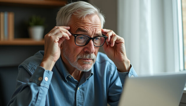 Senior Man Concentrating on Laptop