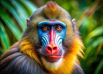 Obraz premium Captivating Portrait of a Mandrill Showcasing its Striking Facial Markings and Colorful Features in a Natural Habitat Setting for Wildlife Photography Enthusiasts