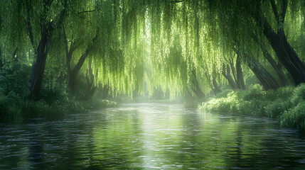 Obraz premium A serene river with willow trees lining its banks, inviting quiet reflection.