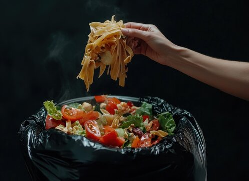 A hand throws pasta into a trash bag filled with a salad.