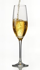 Champagne glass fills with sparkling wine. Bubbles rise up in a glass. Golden liquid pours into a flute. Elegant celebration drink for New Year party.