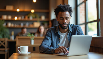 Obraz premium Focused Man Working on Laptop in Cafe