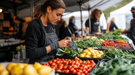 Woman Organizing Fresh Produce at a Farmers Market