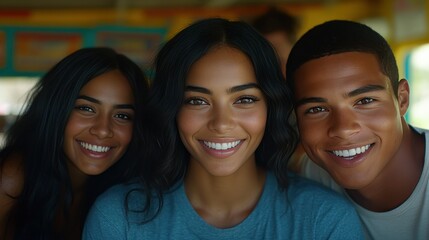 Fototapeta premium Three people are smiling and posing for a picture. The girl in the middle is wearing a blue shirt