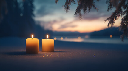 A serene winter evening with candles and soft music, inviting reflection.