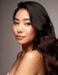 Fototapeta premium Radiant Beauty: A woman with long, flowing dark hair and flawless skin gazes directly at the camera, radiating a sense of natural confidence and inner glow.