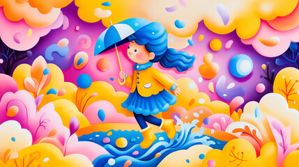 A cheerful young girl enjoys a rainy day, walking through puddles with a colorful umbrella surrounded by lively colors