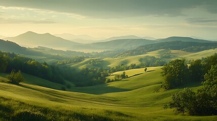 Fototapeta premium Aerial view of green hills in the mountains at sunset. Beautiful summer landscape.
