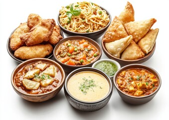 Assortment of delicious Indian dishes, including curries, samosas, and fried bread, on a white background.