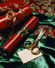 Assorted holiday wrapping materials with red and green velvet, patterned rolls, and gold accents for Christmas preparation