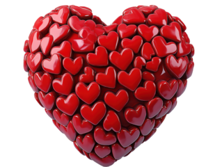 Large red heart shaped from smaller hearts. 3D heart made of multiple red hearts, isolated on transparent background. Concept for love, romance, valentine, wedding, anniversary, birthday. Ideal for