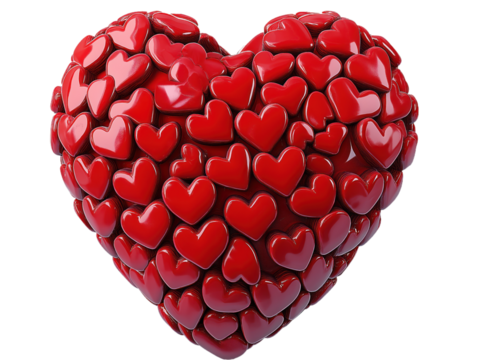 Large red heart shaped from smaller hearts. 3D heart made of multiple red hearts, isolated on transparent background. Concept for love, romance, valentine, wedding, anniversary, birthday. Ideal for