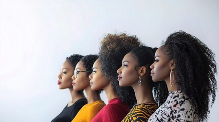 Obraz premium A group of diverse Black women representing various ages and sizes, standing confidently in a line, showcasing their individuality and beauty in a vibrant and united manner.