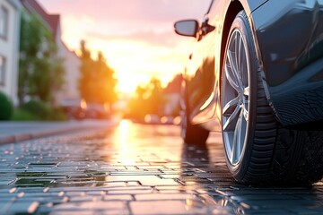 A car is parked on a wet street with a sunset in the background