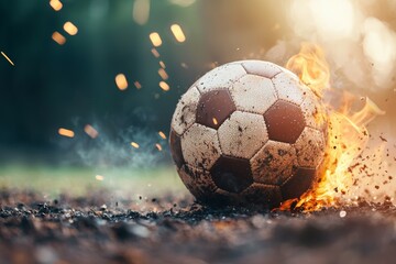 Fototapeta premium A soccer ball is on fire and surrounded by sparks