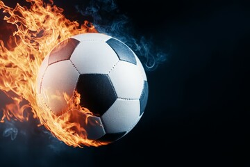 Fototapeta premium A soccer ball is surrounded by fire and smoke