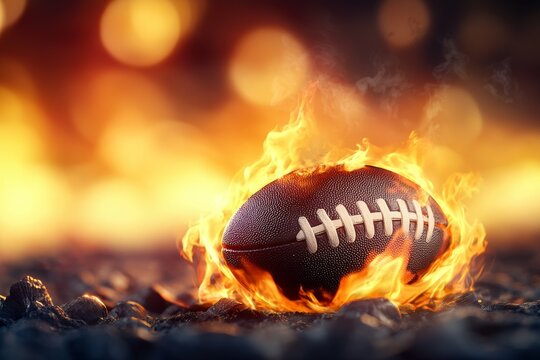 A football is on fire and surrounded by flames