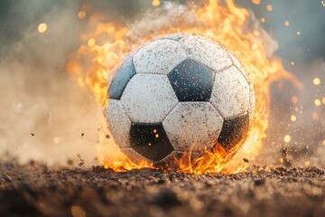 Naklejka premium A soccer ball is on fire and surrounded by ash