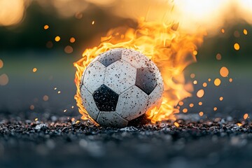 Fototapeta premium A soccer ball is on fire and surrounded by sparks