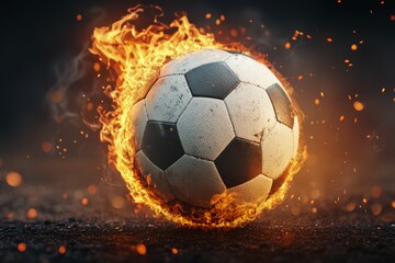 Fototapeta premium A soccer ball is surrounded by fire and smoke