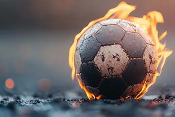Fototapeta premium A soccer ball is on fire and surrounded by fire