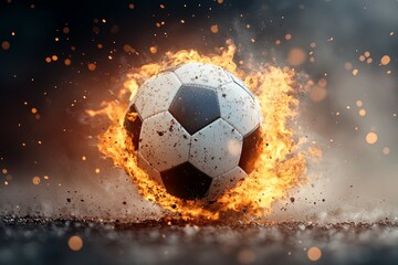 Fototapeta premium A soccer ball is surrounded by fire and smoke