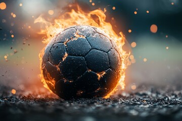 Naklejka premium A soccer ball is on fire and surrounded by sparks