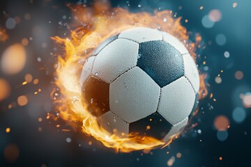 Naklejka premium A soccer ball is surrounded by fire and smoke