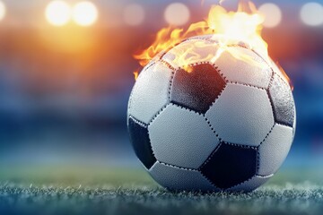 Fototapeta premium Soccer ball with flames in dramatic stadium scene, representing passion and intensity in sports competition.