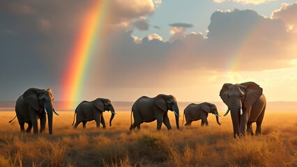 Fototapeta premium savanna with elephants under a sky filled with holographic rainbows