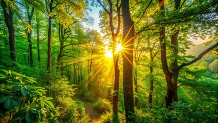 Obraz premium Captivating Sunrise Illuminating the Treetops in a Serene Forest Setting, Showcasing Nature's Beauty Through the Lens of Candid Photography for Stunning Visual Appeal