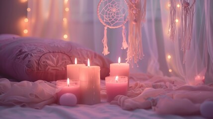 A whimsical bohemian bedroom filled with soft pink candles of different shapes and sizes. The candles are nestled a dainty lace dream catchers creating a dreamy and ethereal atmosphere