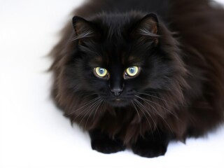 A sleek black cat with bright yellow eyes sits elegantly against a pure white background, gazing intently ahead, fluffy, white background