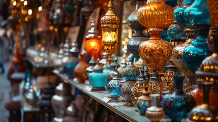 Fototapeta premium Colorful mosaic lamps in a Middle Eastern market at night