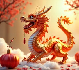 Fototapeta premium Golden Chinese dragon statue, of prosperity, good luck. Dragon decorated with red ornaments. Stands on white fluffy clouds. Illustration perfect for Chinese New Year, Asian culture themes.