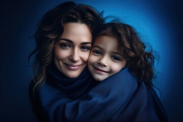 A woman and a child are hugging each other in a blue sweater