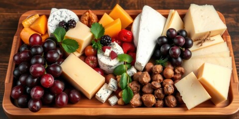 Assorted cheese varieties displayed on a rustic wooden tray alongside clusters of fresh grapes, cheese, assorted