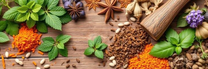 Fototapeta premium Assortment of adaptogenic herbs and spices on a light background, balance, immune system