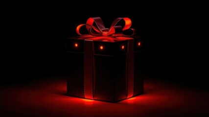 Black gift box with red neon glowing ribbon on black background, red, dark