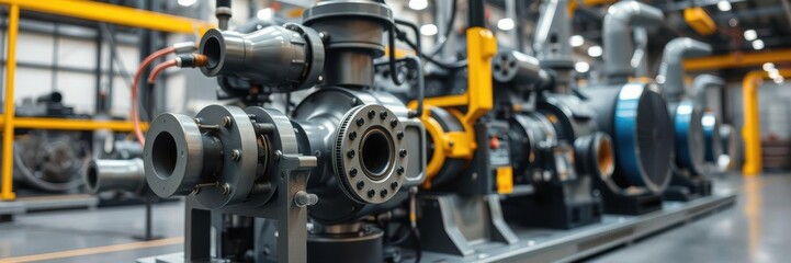 Fototapeta premium Close-up of a modern industrial pump system in a brightly lit factory setting, showcasing high-tech equipment and precision engineering, engineering, industrial