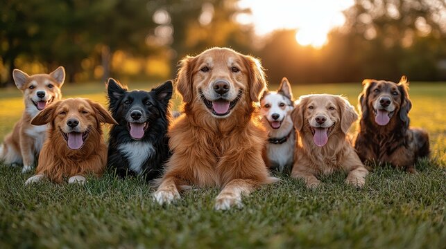 A group of dogs are laying on the grass and smiling. The dogs are of different sizes and colors, including brown, black, and white. Concept of happiness and camaraderie among the dogs