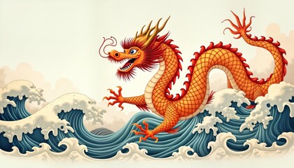 Golden dragon flies over blue sea waves. Chinese New Year, creature of good luck. Mythical beast from Asian tradition, isolated on white background. Illustration, cartoon art for holiday decor. For