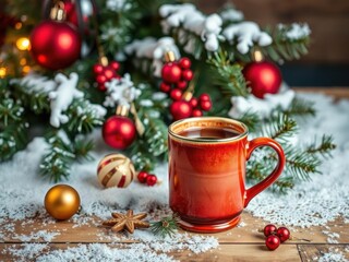 Mug of steaming beverage on snowy wooden table with pine branches and ornaments, winter, ornaments