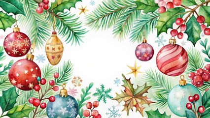 Fototapeta premium Watercolor Christmas featuring festive holiday elements such as ornaments, holly, and snowflakes, watercolor, Christmas